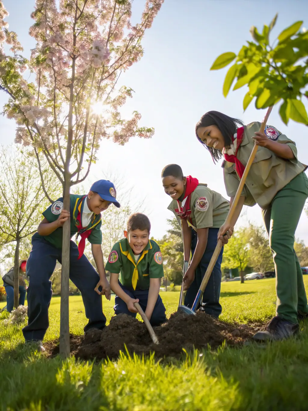 A photo of scouts learning about nature and wildlife during an outdoor excursion, with a guide explaining the local ecosystem.