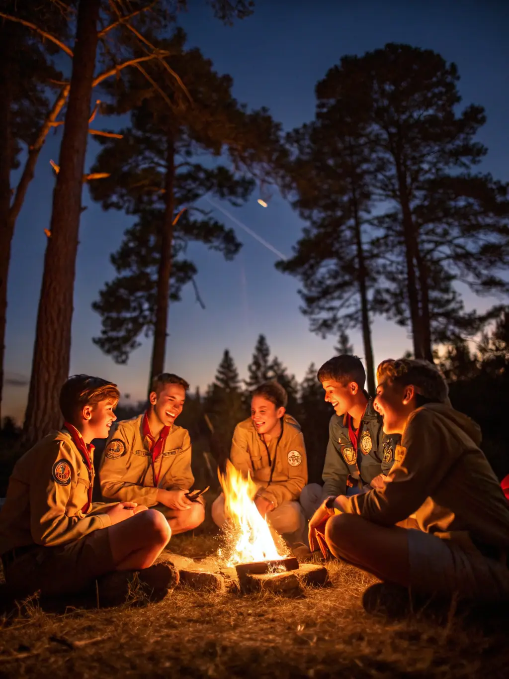 A group of scouts learning survival skills, such as building a shelter and starting a fire, under the supervision of experienced leaders.