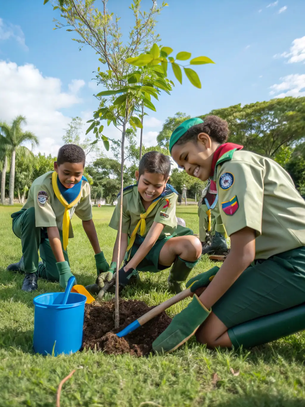 Scouts participating in a community service project, cleaning up a local park and planting trees.