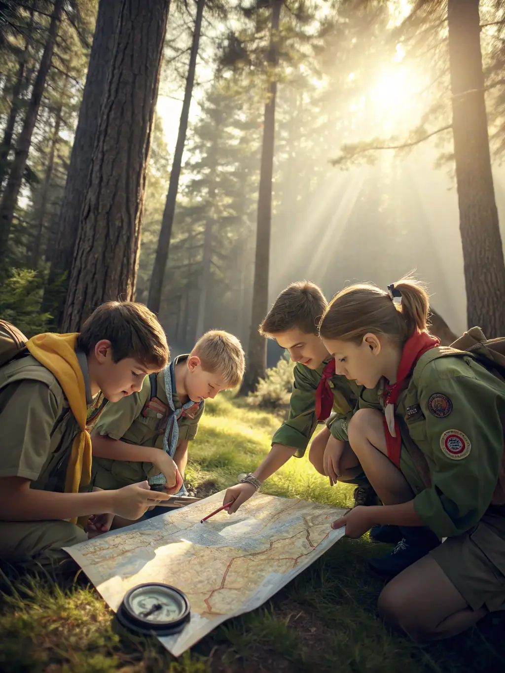 A group of young scouts participating in a team-building exercise in a forest, smiling and collaborating.