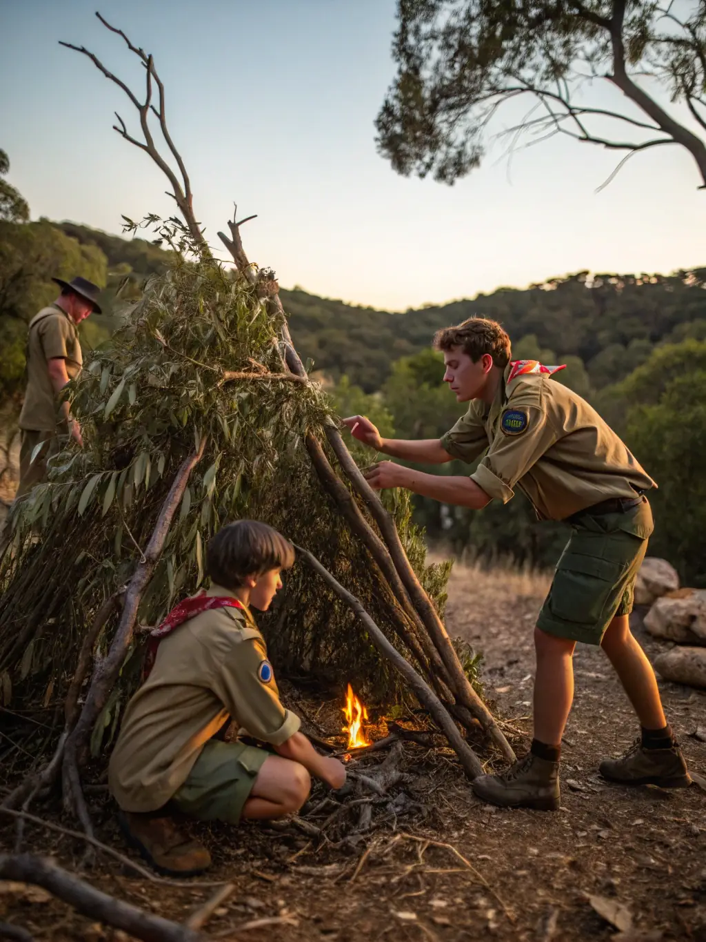 A group of Guides and Scouts (11-14 years) building a small wooden structure outdoors, showcasing teamwork and practical skills.